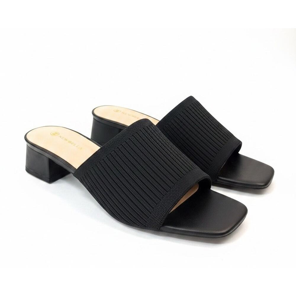 Newbella Mousse Fit Block Heel Sandals Mules Knit Square Toe Slide Black Size 8